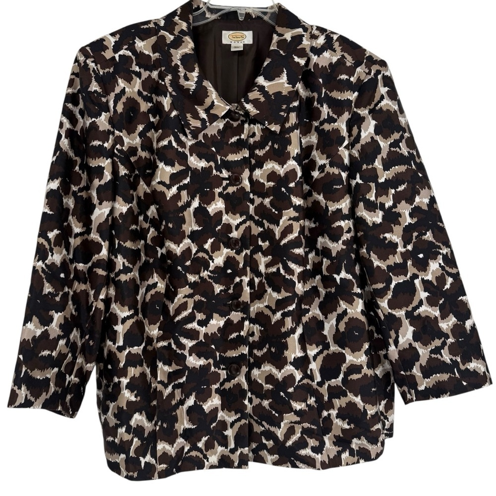 Talbots Animal Print Blazer Silk Wool Size 24W Button Front Black Tan career